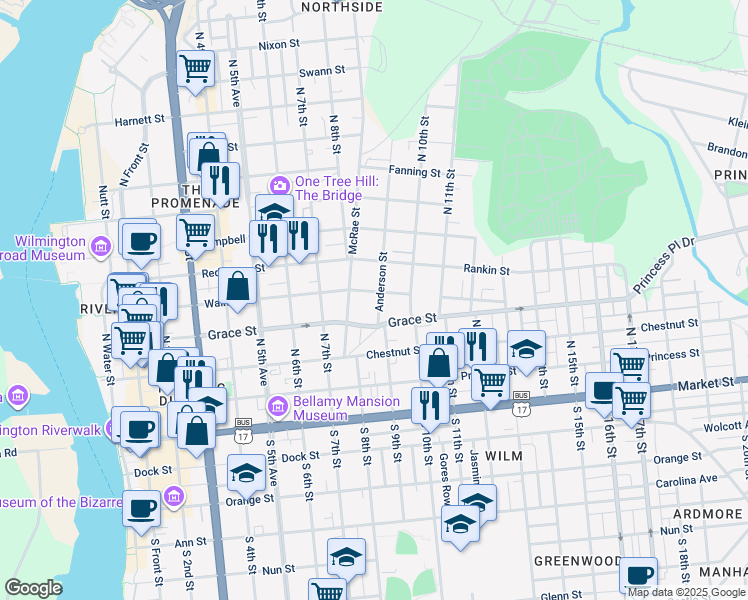 map of restaurants, bars, coffee shops, grocery stores, and more near 902 Walnut Street in Wilmington