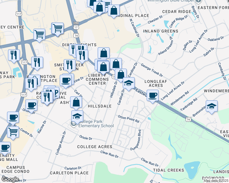 map of restaurants, bars, coffee shops, grocery stores, and more near 51 Hillsdale Drive in Wilmington