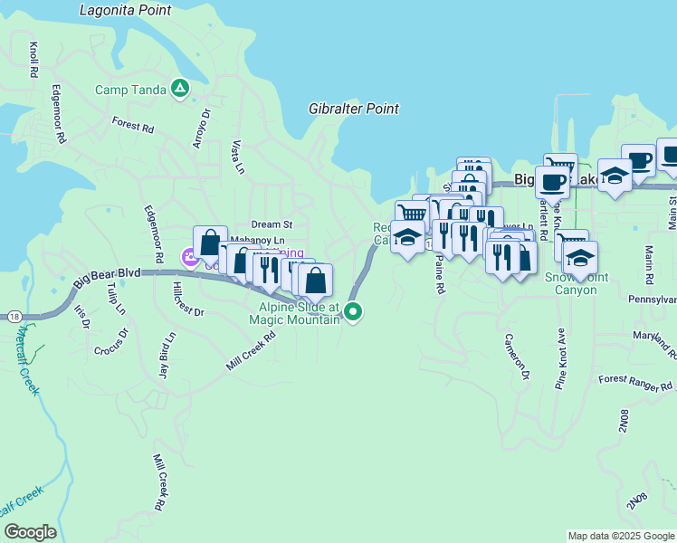 map of restaurants, bars, coffee shops, grocery stores, and more near 675 Talmadge Road in Big Bear Lake