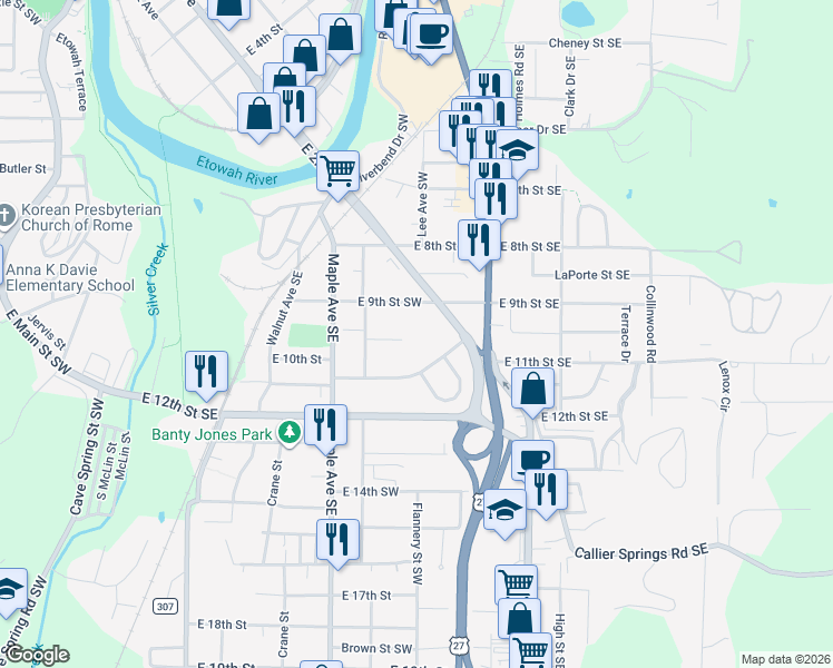 map of restaurants, bars, coffee shops, grocery stores, and more near 9TH Edwards Street Southwest in Rome