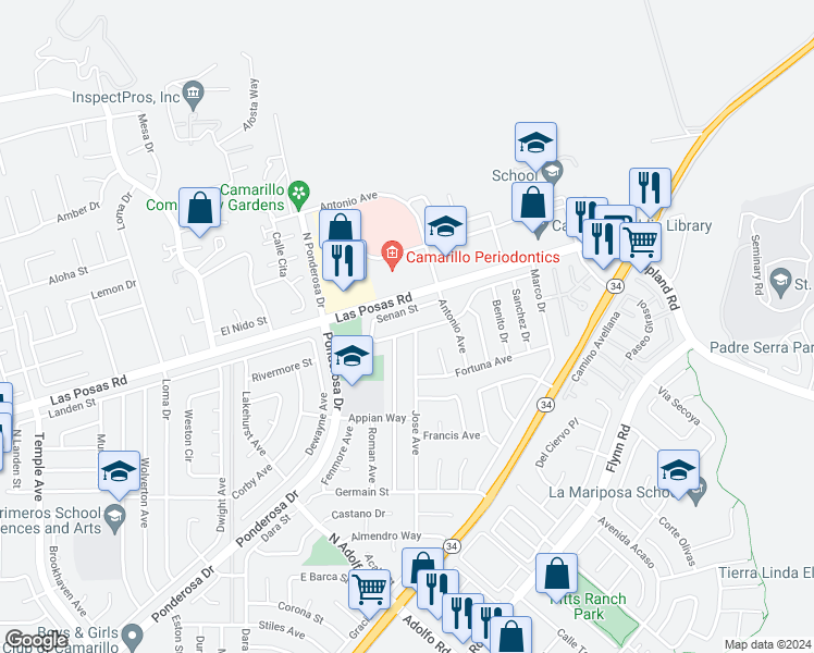 map of restaurants, bars, coffee shops, grocery stores, and more near 3891 Vincente Avenue in Camarillo