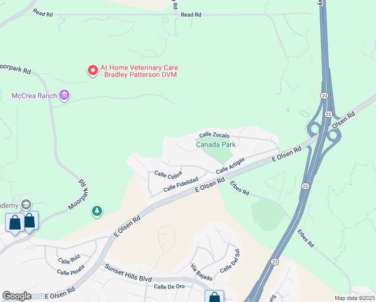map of restaurants, bars, coffee shops, grocery stores, and more near Calle Hondanada in Thousand Oaks