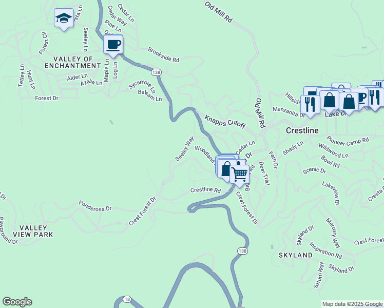 map of restaurants, bars, coffee shops, grocery stores, and more near 23304 Crest Forest Drive in Crestline