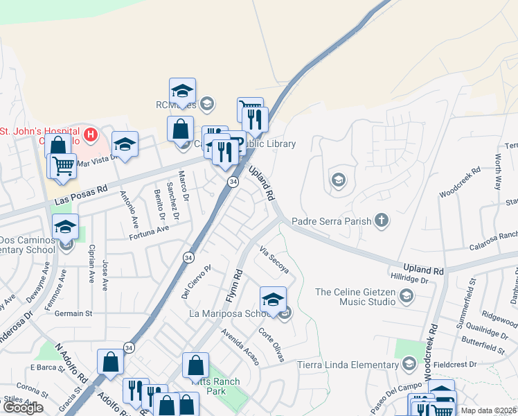 map of restaurants, bars, coffee shops, grocery stores, and more near 2161 Paseo Girasol in Camarillo