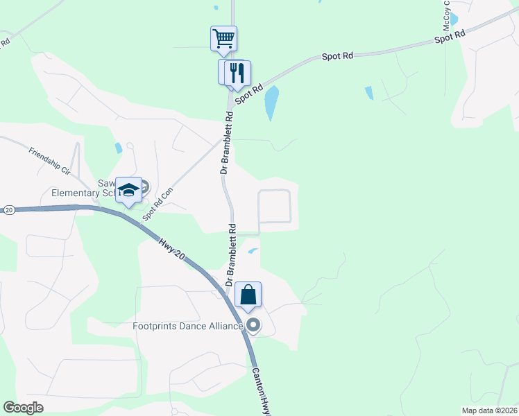 map of restaurants, bars, coffee shops, grocery stores, and more near 1615 Gordon Road in Cumming