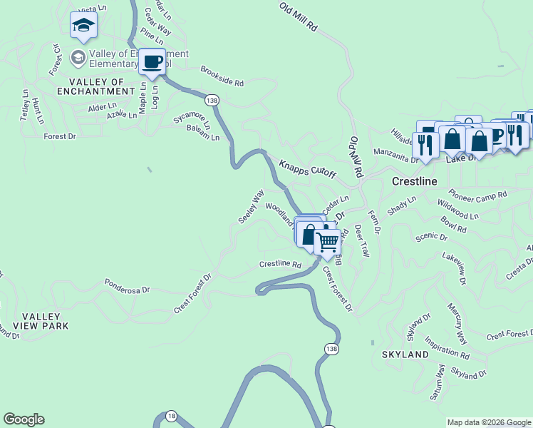 map of restaurants, bars, coffee shops, grocery stores, and more near 23318 Crest Forest Drive in Crestline