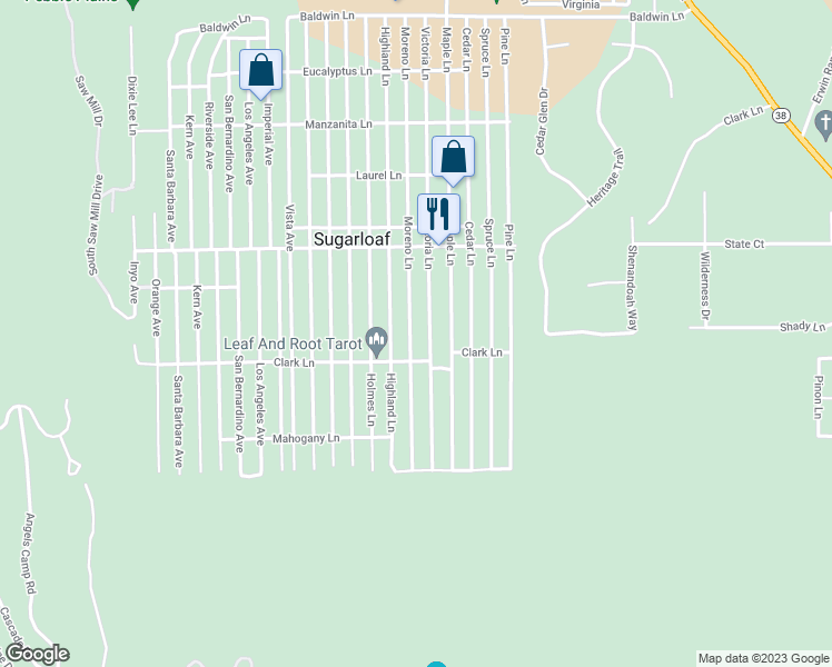 map of restaurants, bars, coffee shops, grocery stores, and more near 657 Moreno Lane in Big Bear