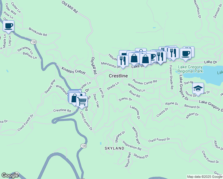 map of restaurants, bars, coffee shops, grocery stores, and more near 23691 Bowl Road in Crestline