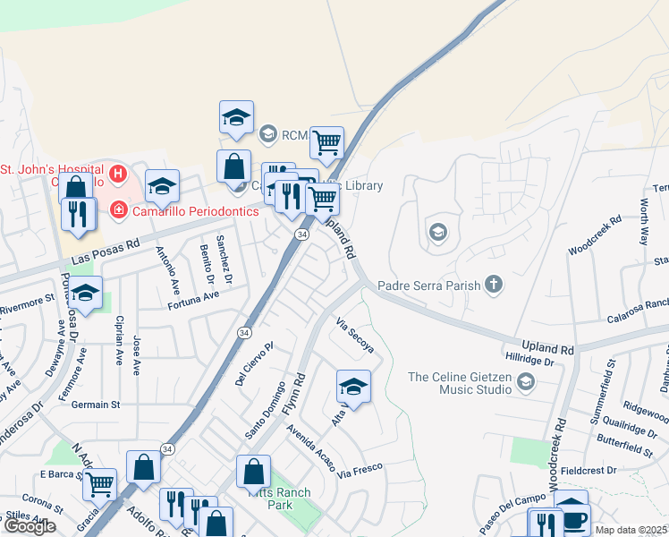 map of restaurants, bars, coffee shops, grocery stores, and more near 4556 Los Damascos Place in Camarillo