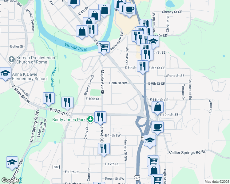 map of restaurants, bars, coffee shops, grocery stores, and more near 3 Eastridge Court in Rome