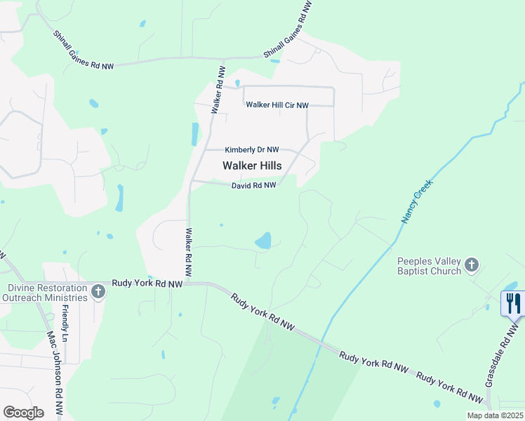 map of restaurants, bars, coffee shops, grocery stores, and more near 26 David Road Northwest in Cartersville