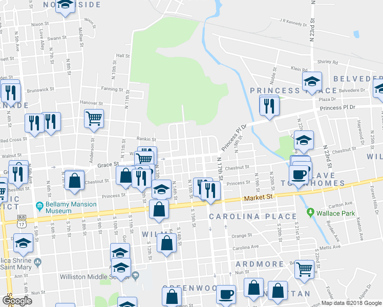 map of restaurants, bars, coffee shops, grocery stores, and more near 302 North 15th Street in Wilmington