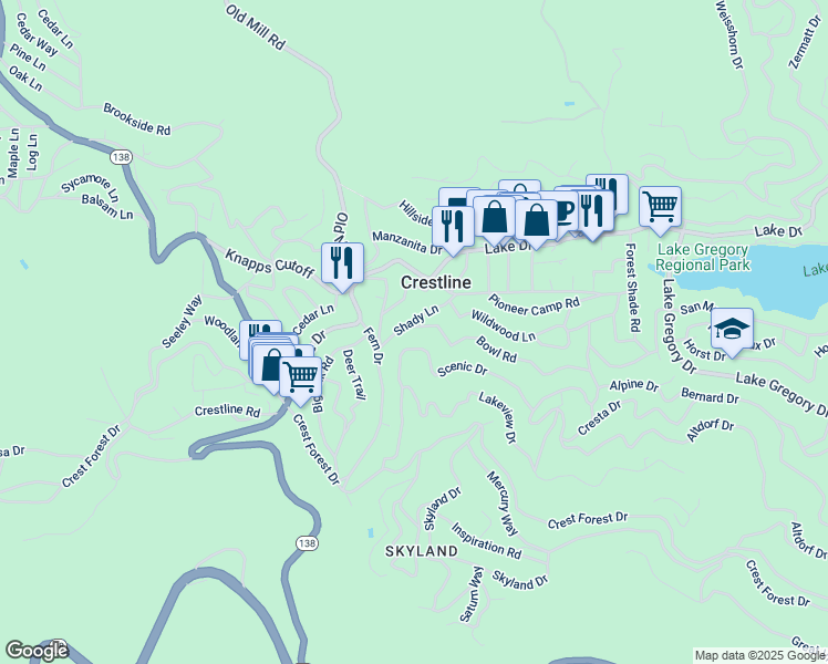 map of restaurants, bars, coffee shops, grocery stores, and more near 23697 Bowl Road in Crestline
