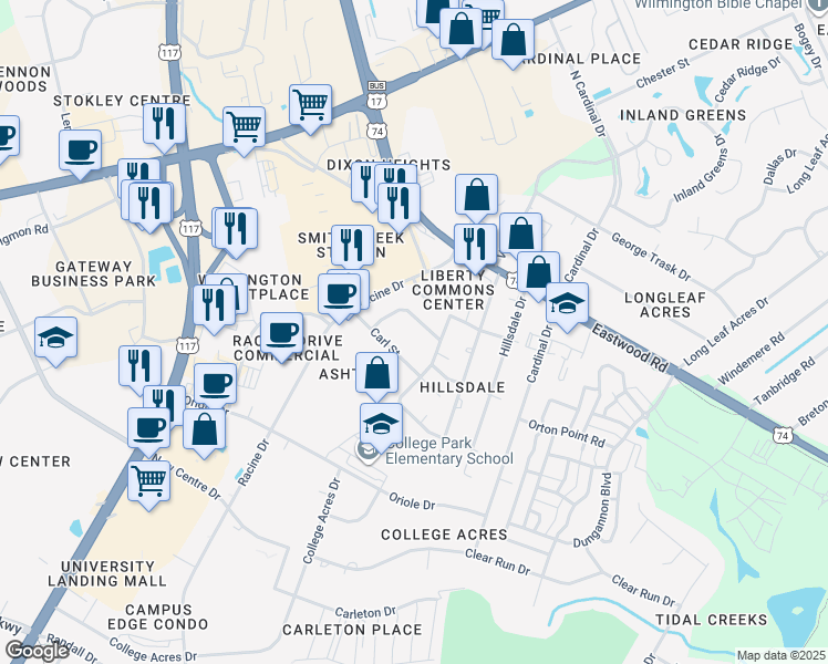 map of restaurants, bars, coffee shops, grocery stores, and more near 418 Benjamin Avenue in Wilmington