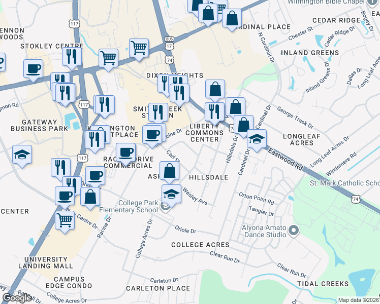 map of restaurants, bars, coffee shops, grocery stores, and more near 418 Benjamin Avenue in Wilmington