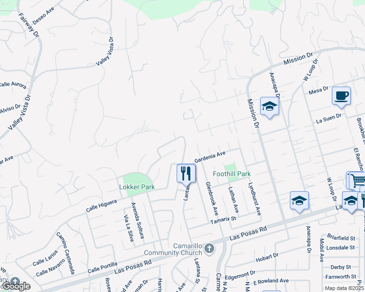 map of restaurants, bars, coffee shops, grocery stores, and more near 2069 Baja Vista Way in Camarillo