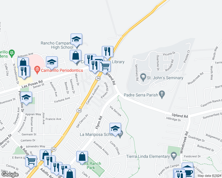 map of restaurants, bars, coffee shops, grocery stores, and more near 2173 Via Arandana in Camarillo