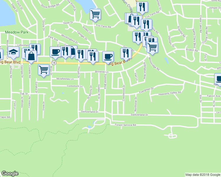 map of restaurants, bars, coffee shops, grocery stores, and more near 658 Ponderosa Drive in Big Bear Lake