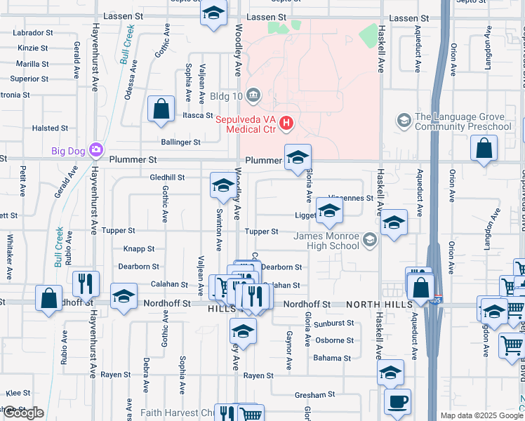 map of restaurants, bars, coffee shops, grocery stores, and more near 16121 Liggett Street in Los Angeles