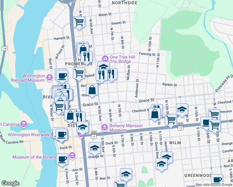 map of restaurants, bars, coffee shops, grocery stores, and more near 319 North 7th Street in Wilmington