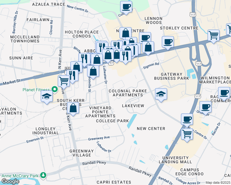 map of restaurants, bars, coffee shops, grocery stores, and more near 5020 Lamppost Circle in Wilmington