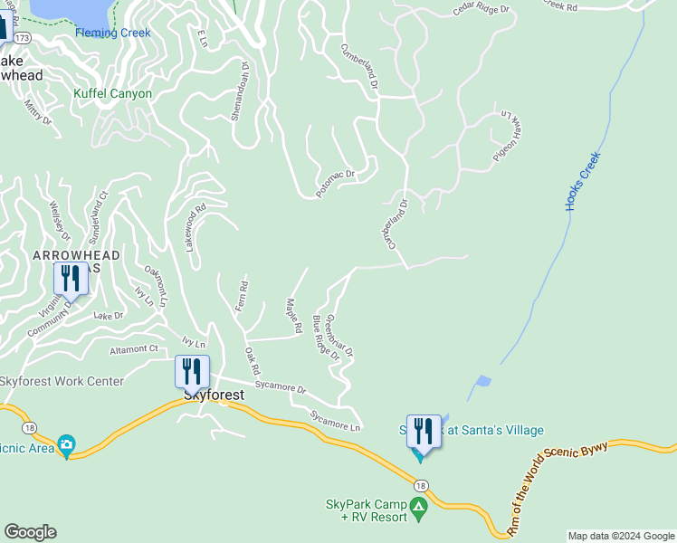map of restaurants, bars, coffee shops, grocery stores, and more near 716 Blue Ridge Drive in Skyforest