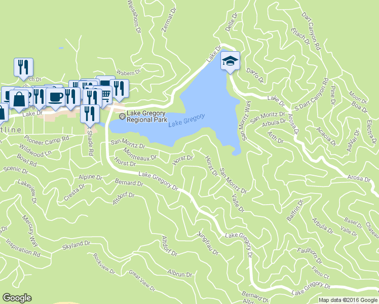 map of restaurants, bars, coffee shops, grocery stores, and more near 24466 Horst Drive in Crestline