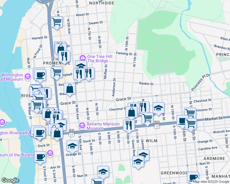 map of restaurants, bars, coffee shops, grocery stores, and more near 902 Walnut Street in Wilmington