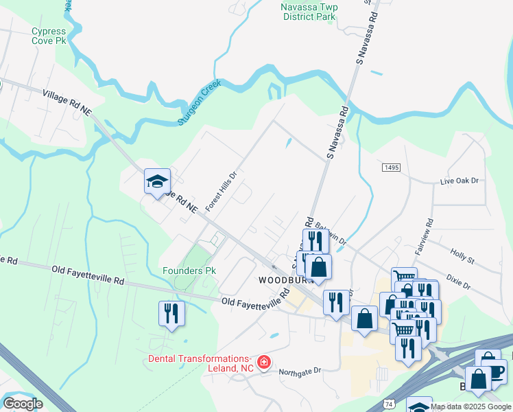 map of restaurants, bars, coffee shops, grocery stores, and more near 111 Dresser Ln in Leland