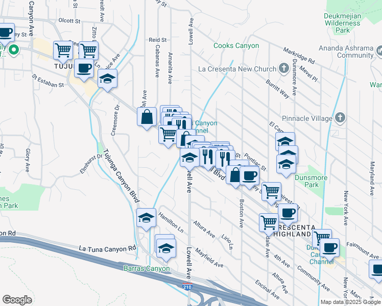 map of restaurants, bars, coffee shops, grocery stores, and more near Foothill Boulevard & Lowell Avenue in Los Angeles