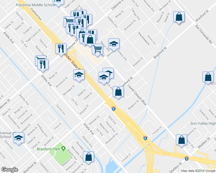 map of restaurants, bars, coffee shops, grocery stores, and more near 13001 Bracken Street in Los Angeles