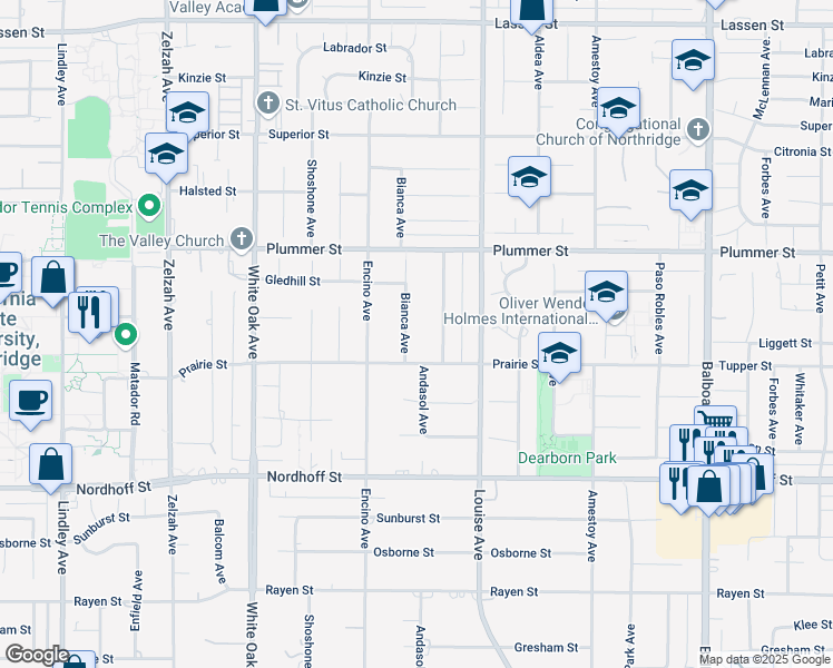 map of restaurants, bars, coffee shops, grocery stores, and more near 9330 Bianca Avenue in Los Angeles