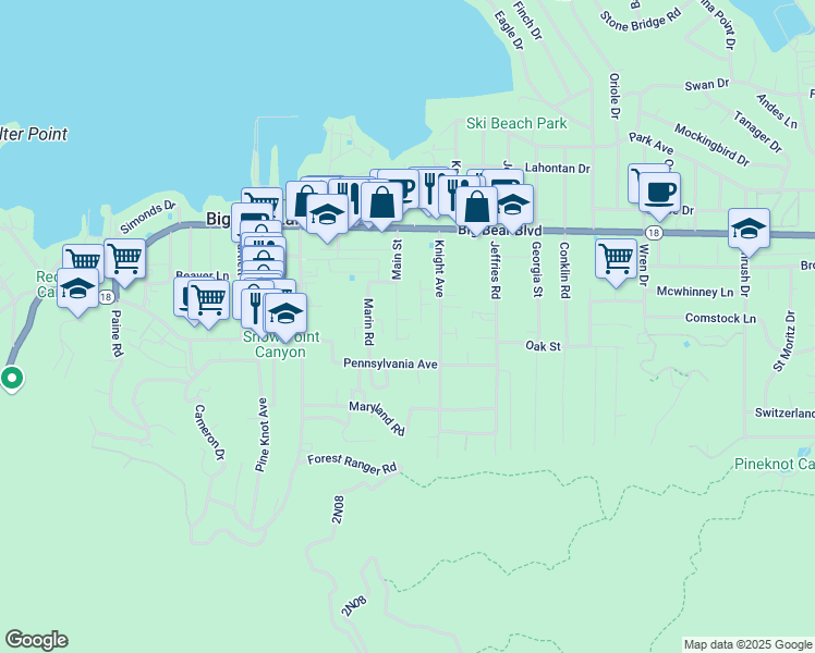 map of restaurants, bars, coffee shops, grocery stores, and more near 703 Modesto Lane in Big Bear Lake