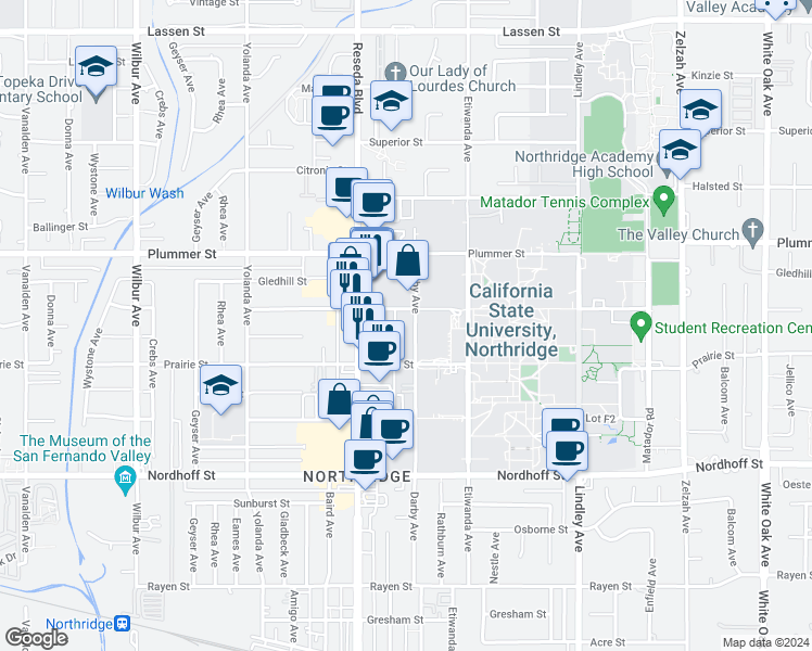 map of restaurants, bars, coffee shops, grocery stores, and more near 18414 Vincennes Street in Los Angeles