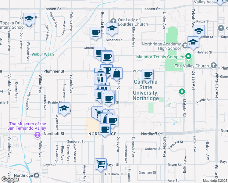 map of restaurants, bars, coffee shops, grocery stores, and more near 18414 Vincennes Street in Los Angeles