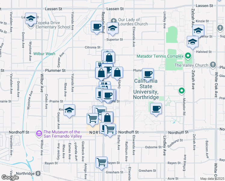 map of restaurants, bars, coffee shops, grocery stores, and more near 18414 Vincennes Street in Los Angeles