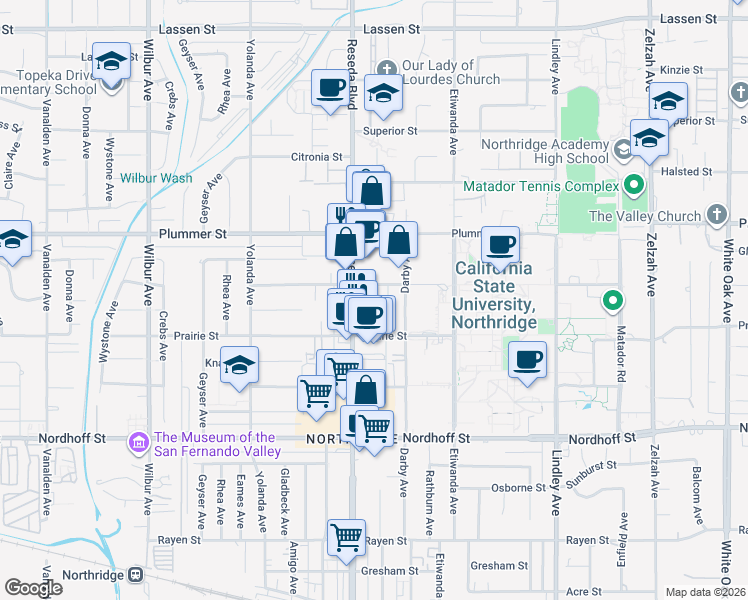 map of restaurants, bars, coffee shops, grocery stores, and more near 18414 Vincennes Street in Los Angeles