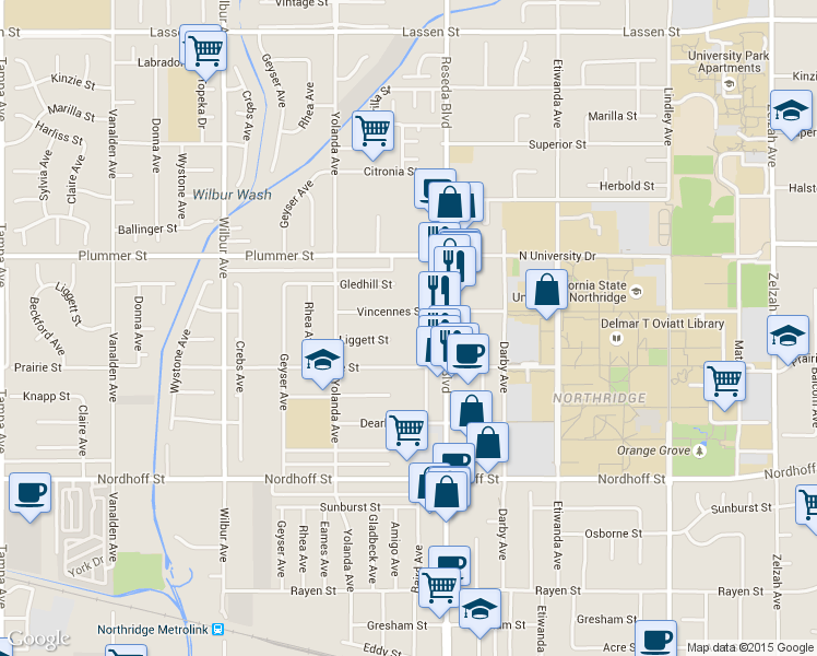 map of restaurants, bars, coffee shops, grocery stores, and more near 18540 Vincennes Street in Los Angeles