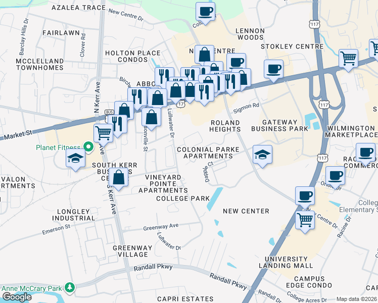 map of restaurants, bars, coffee shops, grocery stores, and more near 107 Lullwater Drive in Wilmington