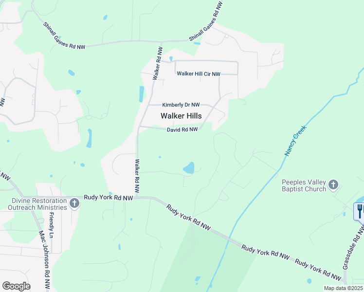 map of restaurants, bars, coffee shops, grocery stores, and more near 26 David Road Northwest in Cartersville