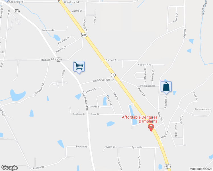 map of restaurants, bars, coffee shops, grocery stores, and more near 103 Sand Street in Albertville