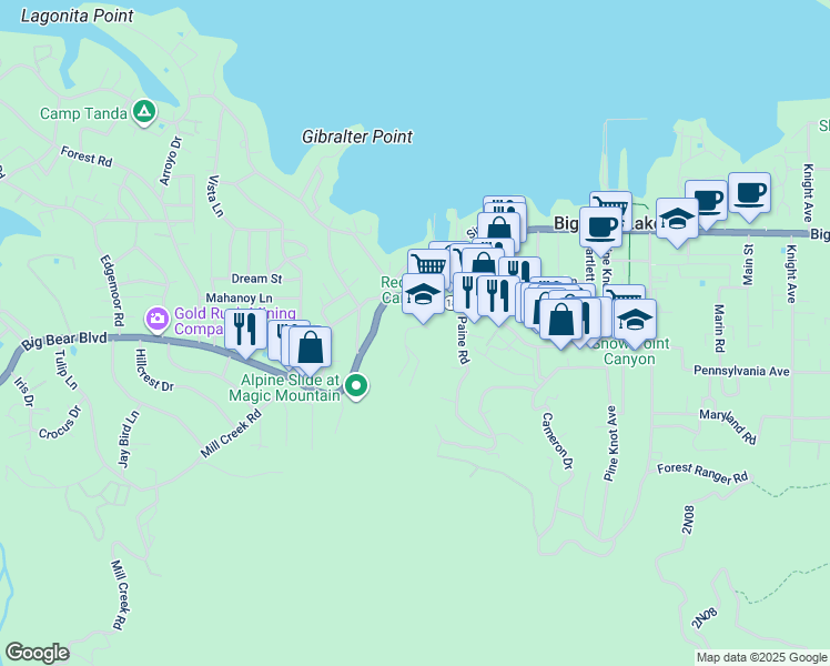 map of restaurants, bars, coffee shops, grocery stores, and more near 661 Modoc Drive in Big Bear Lake