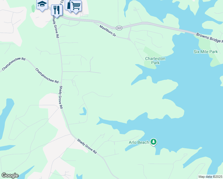 map of restaurants, bars, coffee shops, grocery stores, and more near 5965 Shadewater Drive in Cumming