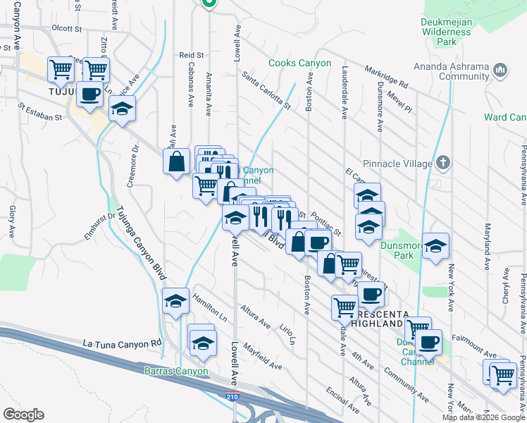 map of restaurants, bars, coffee shops, grocery stores, and more near 3910 Vista Court in Glendale