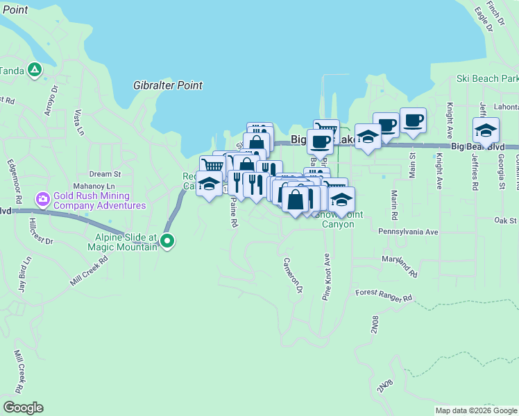 map of restaurants, bars, coffee shops, grocery stores, and more near 40645 Village Drive in Big Bear