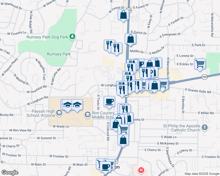map of restaurants, bars, coffee shops, grocery stores, and more near 103 South Colcord Road in Payson