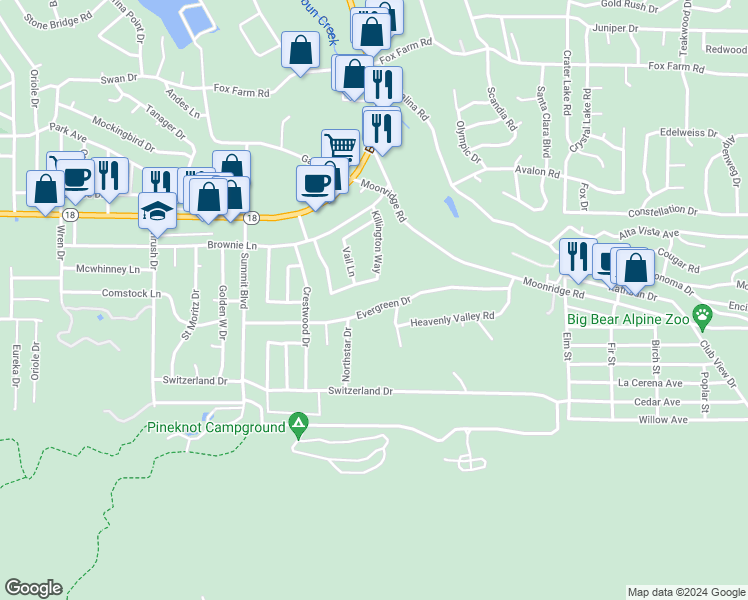 map of restaurants, bars, coffee shops, grocery stores, and more near 42136 Evergreen Drive in Big Bear Lake