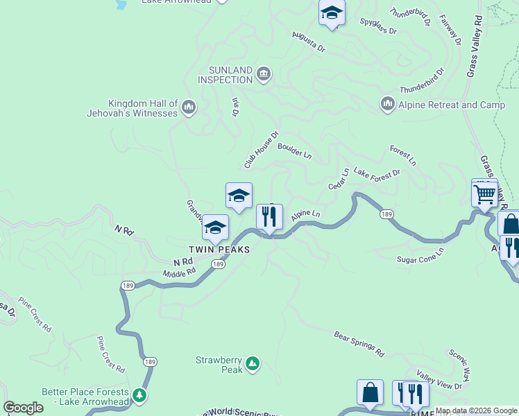 map of restaurants, bars, coffee shops, grocery stores, and more near 706 Rose Lane in Twin Peaks