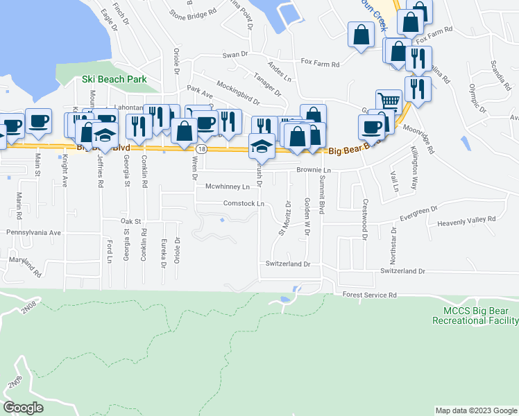 map of restaurants, bars, coffee shops, grocery stores, and more near 663 Thrush Drive in Big Bear Lake