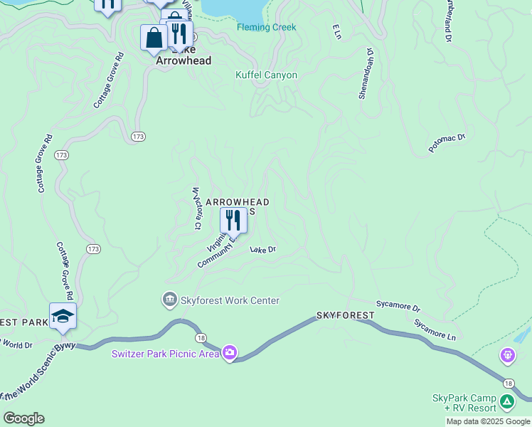 map of restaurants, bars, coffee shops, grocery stores, and more near Lake Drive in Lake Arrowhead